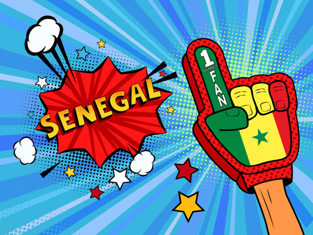 体育迷男性手戴手套举起塞内加尔国旗庆祝胜利。塞内加尔的言论气泡与星星和云。矢量彩色扇形插画图片下载