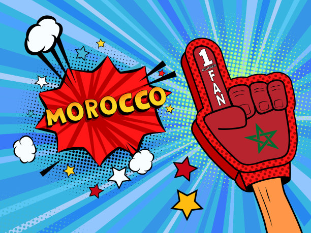 体育迷男性手戴手套举起摩洛哥国旗庆祝胜利。摩洛哥语泡着星星和云彩。矢量彩色扇形插画图片下载