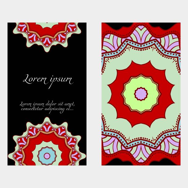 复古贺卡与花卉曼荼罗图案。向量模板。前面和后面图片下载
