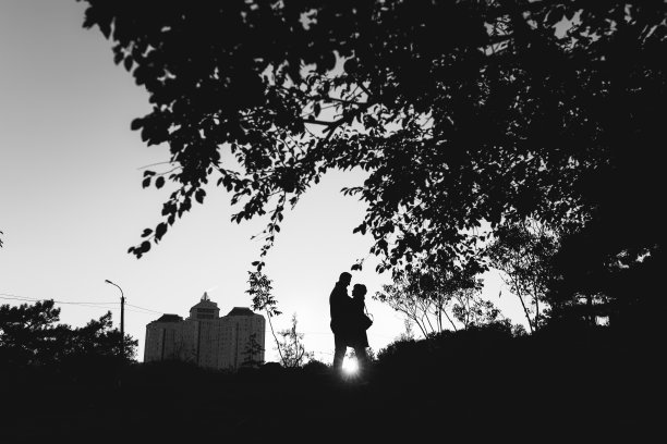 在夕阳下的城市建筑背景下的户外公园里，年轻的女人和男人拥抱并看着对方的剪影。爱，关系，家庭生活方式。黑白照片。图片下载