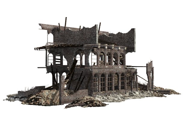 废墟建筑孤立的白色3D插图图片下载