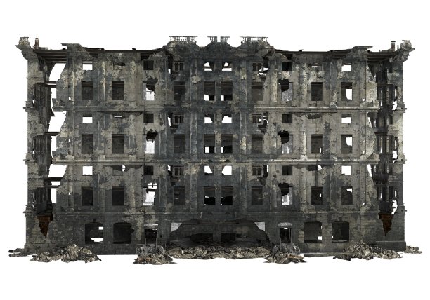 废墟建筑孤立的白色3D插图图片下载