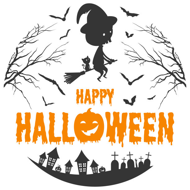 万圣节快乐的象征有女巫、南瓜和蝙蝠图片下载