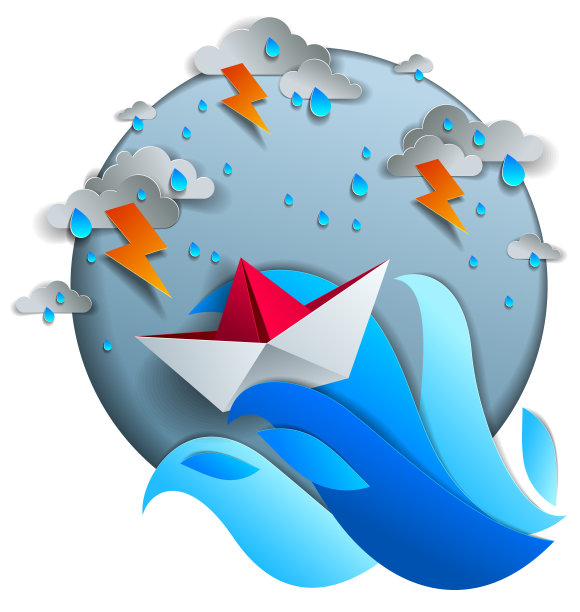 折纸船玩具在雷雨中游泳与闪电，戏剧性的矢量插图暴风雨的雨天在海洋与玩具船挣扎生存。图片下载