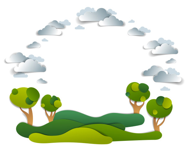 草地和树木的风景，多云的天空，框架背景与复制空间，矢量插图剪纸。暑假去农村旅游旅游。图片下载