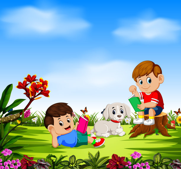 男孩们一边看书，一边和他们的狗玩图片下载