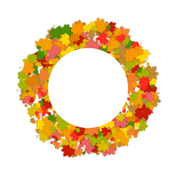枫叶的圆形框架。装饰插图圆形框架的花卉元素在橙色，绿色，棕色和黄色的颜色。秋色向量枫叶的旗帜。图片下载