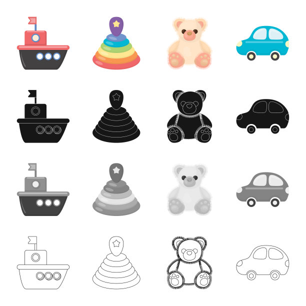 儿童玩具卡通图标集设计。游戏和花哨的矢量符号股票网络插图。图片下载