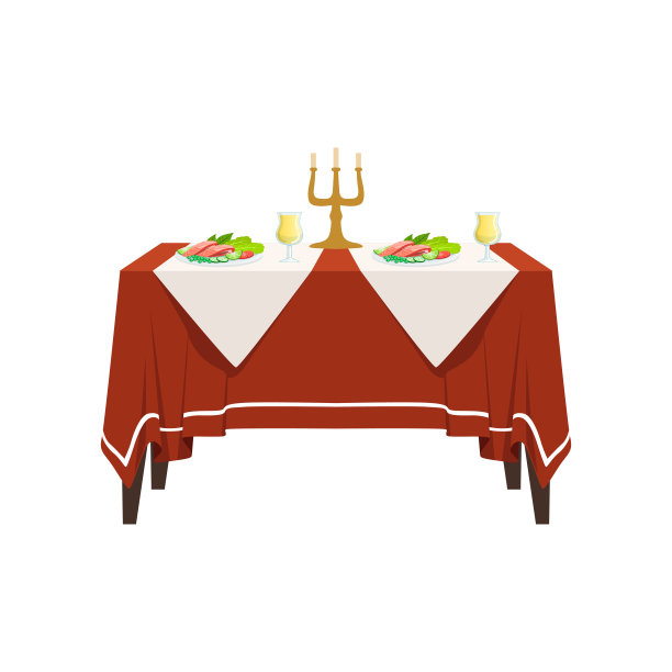 餐桌在餐厅为两人，节日的浪漫晚餐，宴会餐桌与食物，饮料和蜡烛矢量插画在白色的背景图片下载