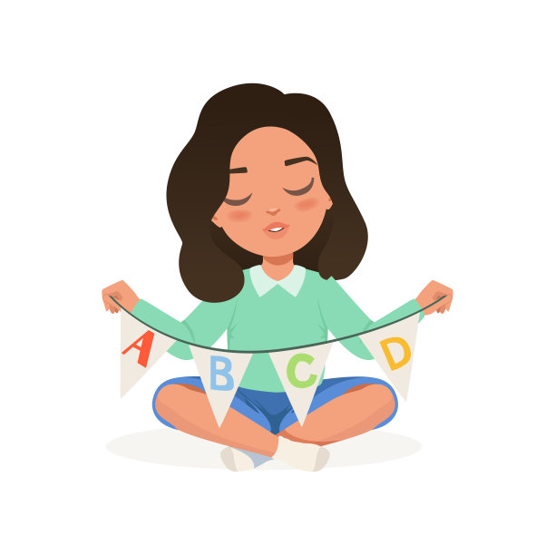 幼儿园老师交叉着腿坐着，手里拿着彩旗和五颜六色的字母。平面向量的设计图片下载