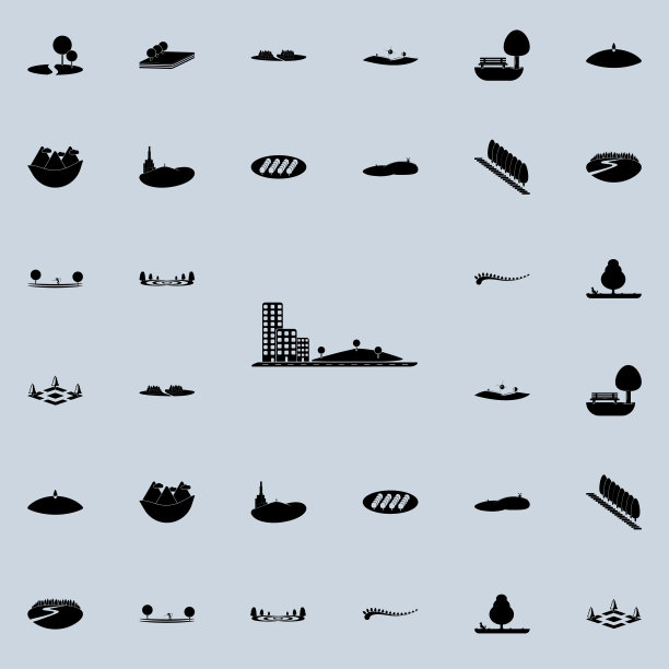 公园旁边的公寓楼图标。公园和景观图标普遍设置为网络和移动图片下载