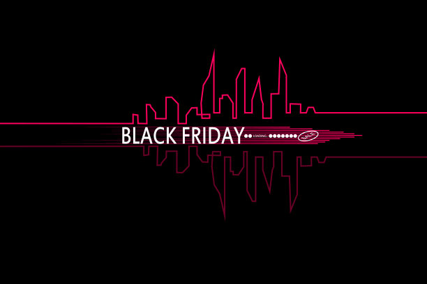 黑色星期五在城市的完美大减价。白色丝带旗帜在平面风格的黑色背景与抽象的城市天际线。矢量图图片下载