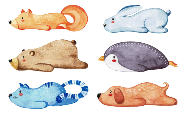 一组不同的可爱动物。懒惰的动物。水彩图片下载