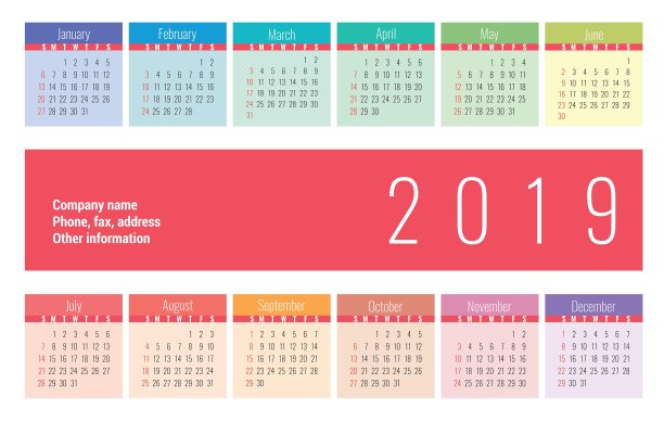 日历2019矢量基本网格。简单的设计模板。用于印刷的英文日历图片下载