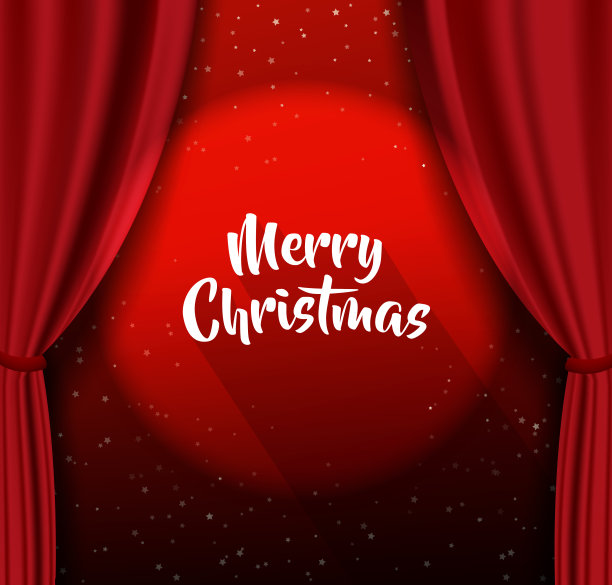 剧场舞台背景，星光闪烁，红窗帘，探照灯，圣诞祝福。图片下载