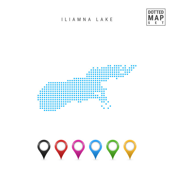 伊利亚姆纳湖，阿拉斯加点模式矢量地图。伊利亚姆纳湖的程式化剪影。一套彩色地图标记图片下载
