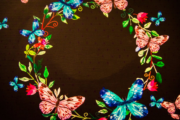 深色插图与明亮的彩色花朵和蝴蝶与文字空间图片下载