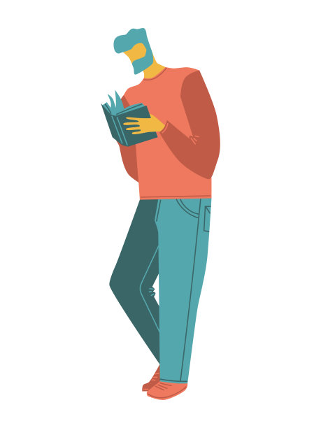 卡通向量。一个留着胡子的男人在看书。孤立的休闲人士矢量插图在橙色绿色方案。简单的平面人设计元素。图片下载