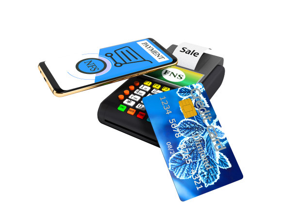 通过手机Nfs支付到POS终端的支付卡，用信用卡3d渲染在白色背景上无阴影图片下载