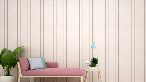 客厅装饰白色木墙艺术品-粉色的日床和装饰设置在白色房间艺术品住宅-室内简单设计- 3D插图图片下载