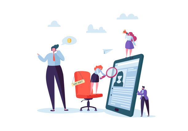 商务人员招聘新员工。有空缺标志的办公椅。猎头。平淡的人物正在审视一份简历。招聘机构。矢量图图片下载