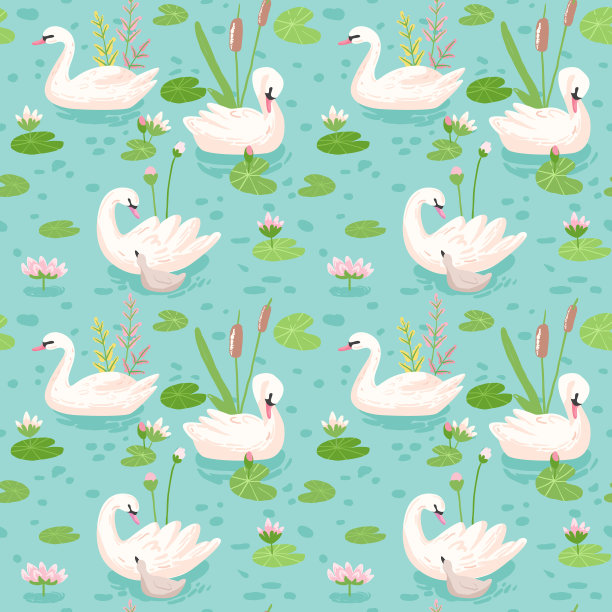 美丽的无缝白天鹅图案，用于婴儿背景，纺织印花，封面，墙纸，海报。矢量图素材图片