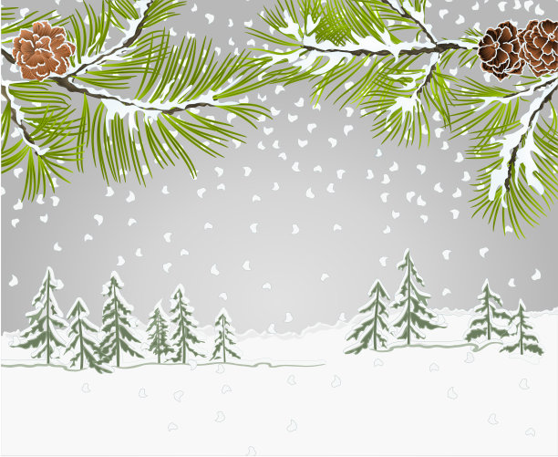 冬季景观松树枝与雪和松果圣诞主题和新年自然背景复古矢量插图文本可编辑的地方素材图片