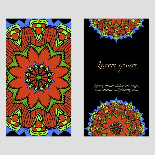 邀请或卡片模板与花曼陀罗图案。婚礼，贺卡，生日邀请。前面和后面。矢量图图片下载