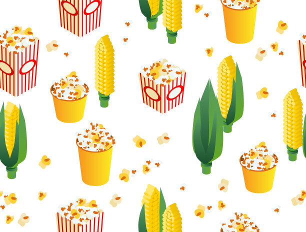 无缝爆米花图案在一个杯子和玉米在白色的背景。有趣的三维等距画图片下载