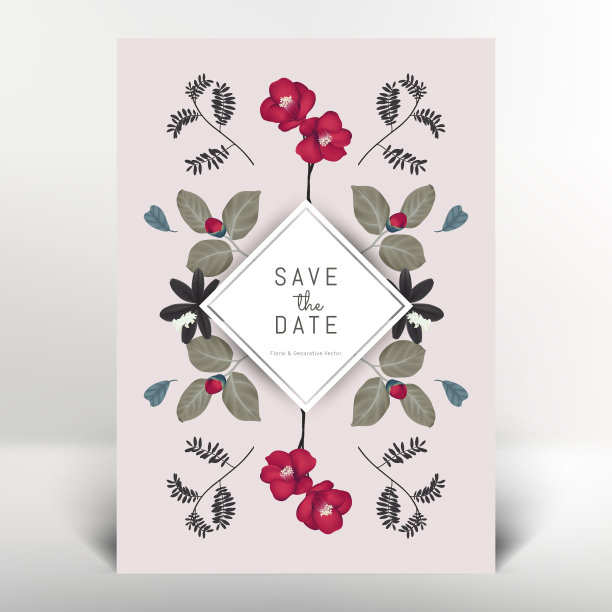 植物问候/邀请卡模板设计，茶花和叶子，复古风格图片下载