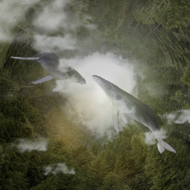 蓝鲸漂浮在雾蒙蒙的森林里图片下载