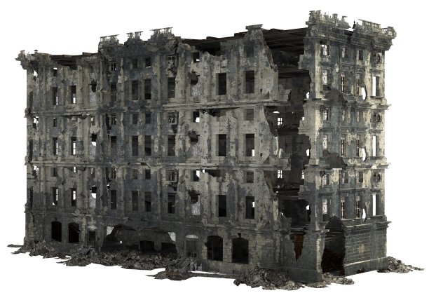 废墟建筑孤立的白色3D插图图片下载