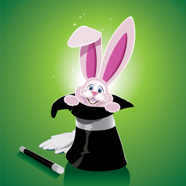 可爱的粉色兔子戴着一顶魔术帽，带着魔术棒和手套图片下载