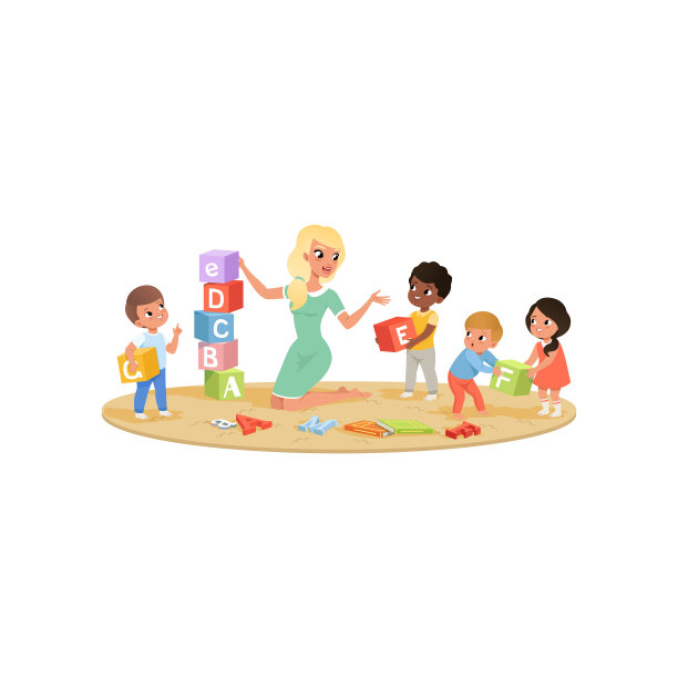 一群小朋友和年轻老师一起收集彩色ABC立方体。孩子们通过玩耍学习字母。平面向量的设计图片下载
