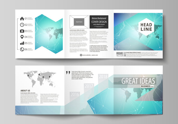 可编辑布局的极简矢量插图。两个现代创意封面设计模板的方形小册子或传单。分子结构，连接线和点。技术概念图片下载