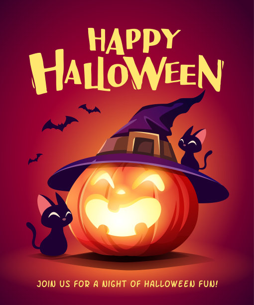 万圣节快乐。万圣节南瓜。黑猫和杰克O灯笼南瓜与女巫帽子。素材图片