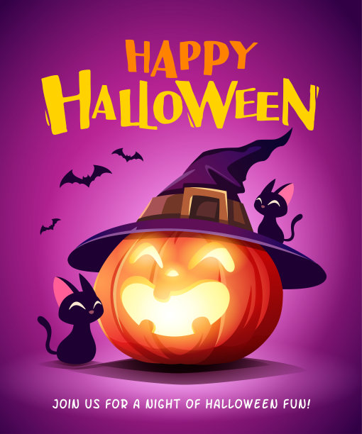 万圣节快乐。万圣节南瓜。黑猫和杰克O灯笼南瓜与女巫帽子。素材图片