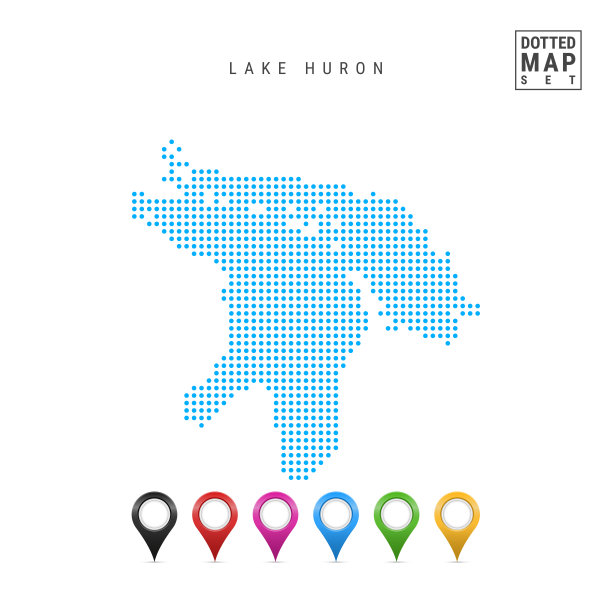休伦湖点模式矢量地图。休伦湖风格化剪影。一套彩色地图标记图片下载