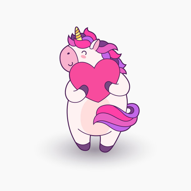 可爱的卡通独角兽。矢量插图。滑稽的独角兽手里拿着一颗心素材图片