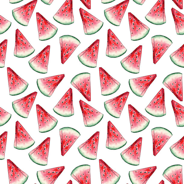 红色西瓜片无缝图案上的白色背景。夏季水果横截面图片下载