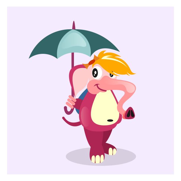 可爱又有趣的小粉红象戴着伞，卡通人物图片下载