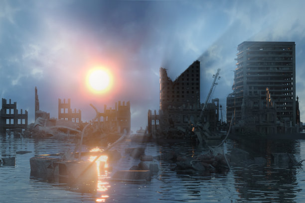 一个城市的废墟的3D插图。世界末日景观。世界末日夕阳概念图片下载