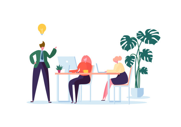 使用电脑工作的办公室职员。使用笔记本电脑的扁平商务人士角色。团队工作组织过程概念。矢量图图片下载