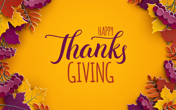 感恩节横幅上写着祝贺短信。秋天的树叶在黄色的背景上。秋季设计为秋季海报，感恩节贺卡，剪纸风格，矢量图片下载