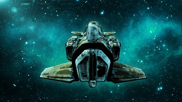旧的外星飞船在深空，肮脏的宇宙飞船飞行在宇宙与星星的背景，UFO背面视图，3D渲染图片下载