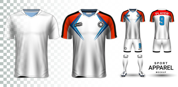 足球球衣和足球套件演示模型，t恤的正面和背面视图，它是完全定制孤立的透明背景，可以作为一个模板与您自己的设计。图片下载