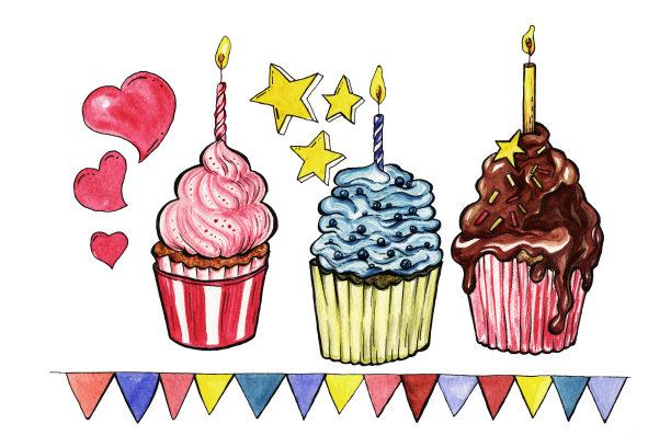 彩色奶油纸杯蛋糕，蜡烛巧克力蛋糕。糕点和星星。面包店孤立的设计图片下载