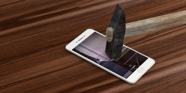 木头背景下的锤子砸坏了智能手机。三维演示图片下载