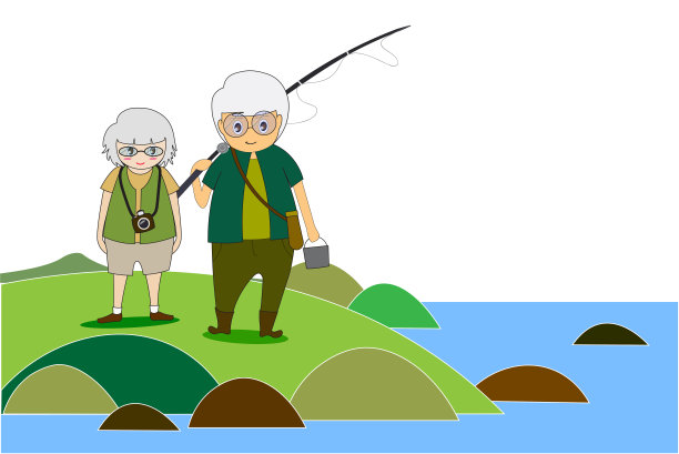健康的身体做户外活动，钓鱼和旅游自然摄影。平面卡通和老年人活动概念。- eps10图片下载