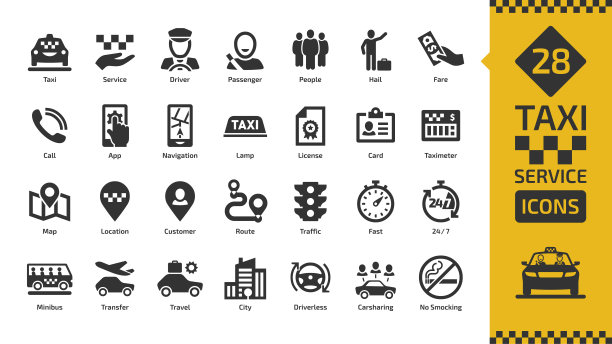 向量出租车出租车服务图标设置与汽车运输，司机，乘客上旅行，人们和城市交通的扁平剪影标志。图片下载